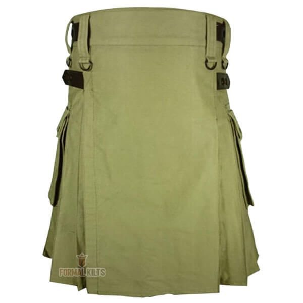 Cotton Olive Green Utility Kilt With Leather Straps