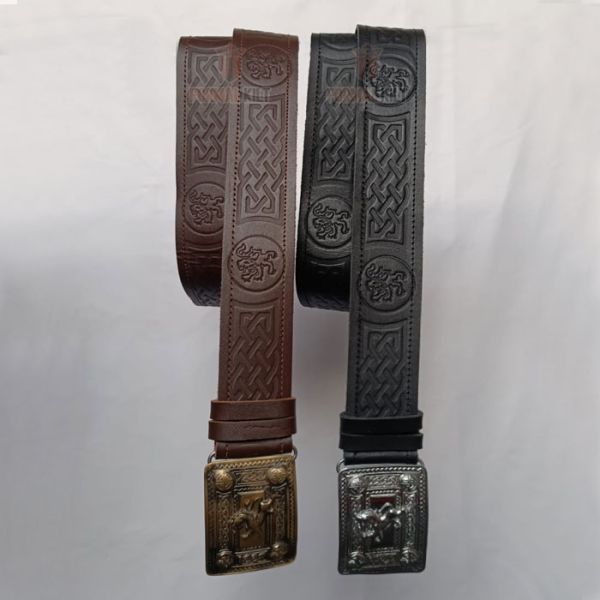 Rampant Lion Embossed Black Leather Kilt Belt And Buckle